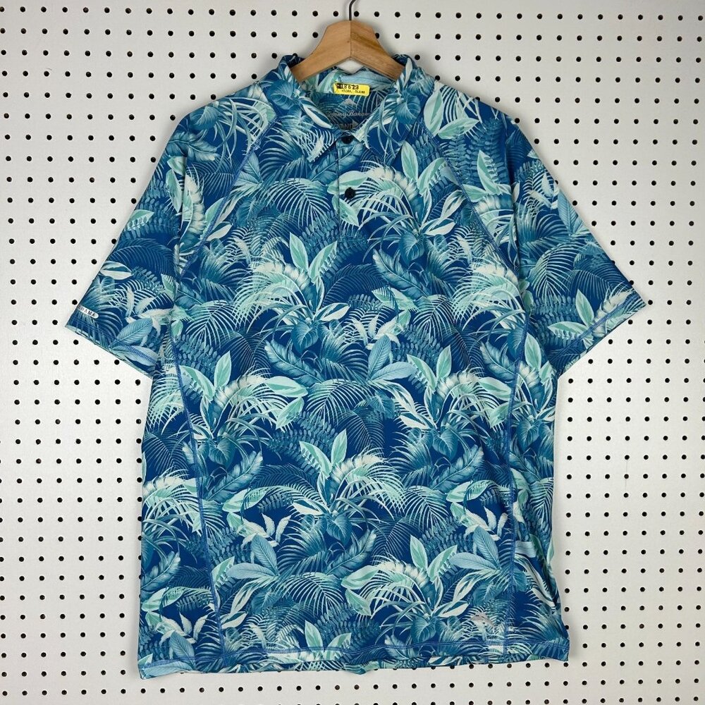Tommy Bahama Islanzone Large Blue Hawaiian Short Sleeve Button Shirt Performance